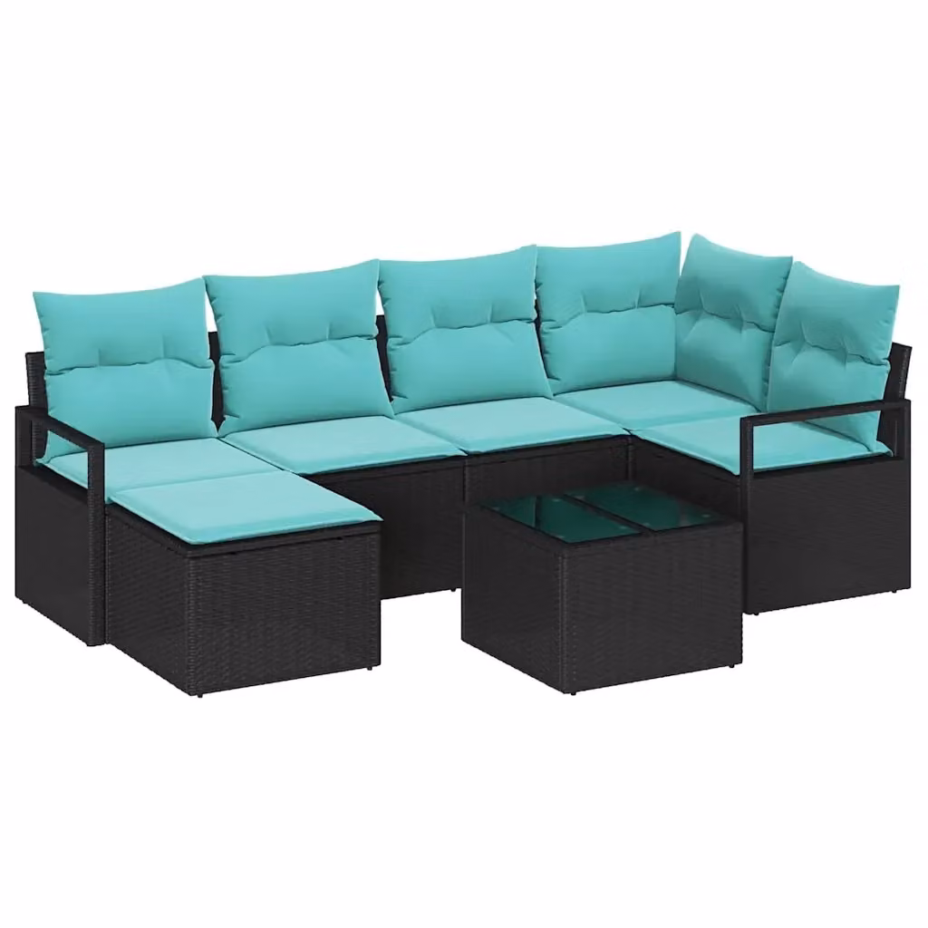 Set di divani da giardino vidaXL composto da 7 pezzi con struttura in metallo e rattan, colore nero e cuscini color turchese per esterno – 2