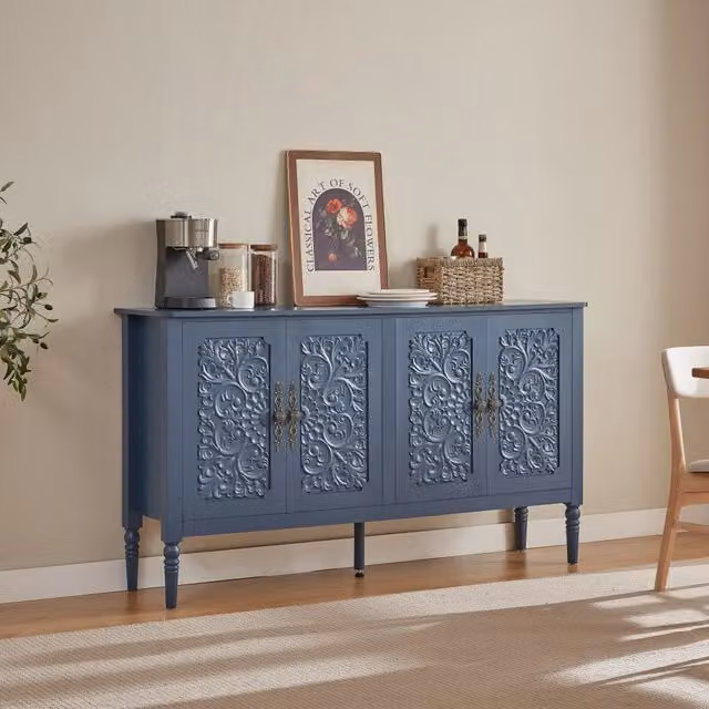 Credenza Mivray blu con ante a rilievo e gambe tornite L/P/H: 160 x 40 x 89 cm