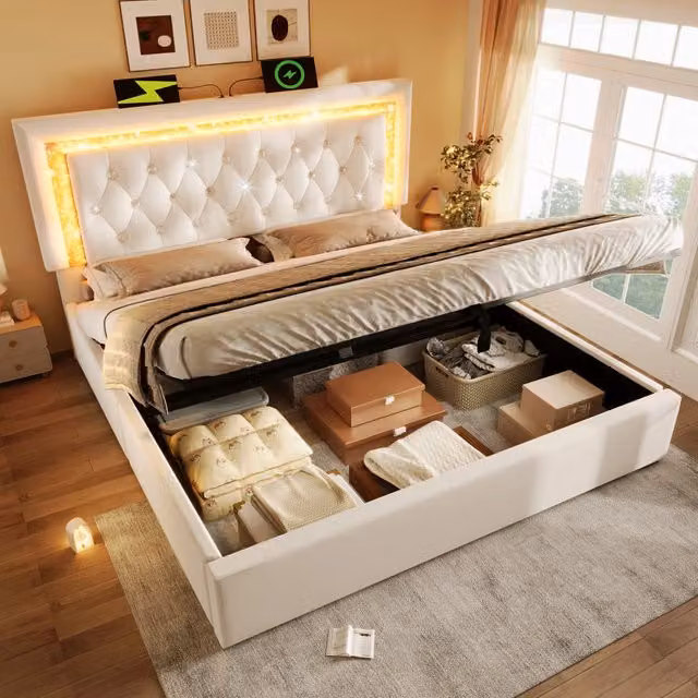 Letto matrimoniale 140×200 cm con vano idraulico, LED regolabile, USB e Type-C, senza materasso, velluto beige