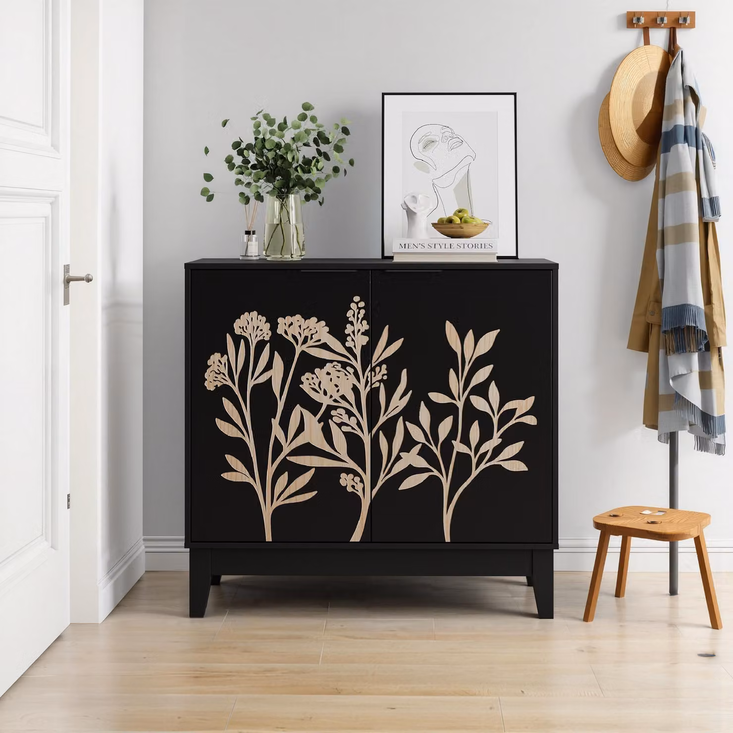 Armadio a colonna ovoid con ripiani regolabili, mobiletto per l'ingresso con design della porta a intaglio, stile vintage, colore nero