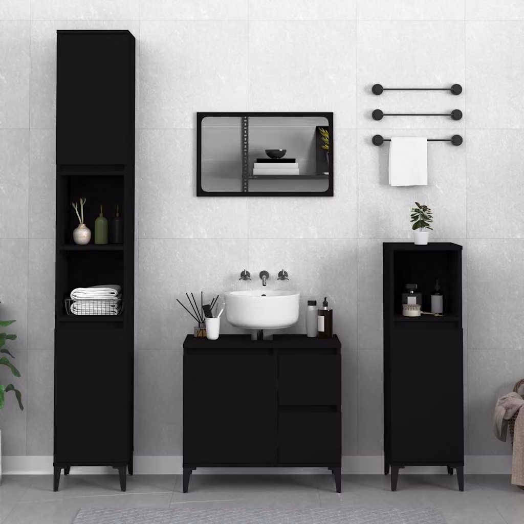 Armadietto da bagno sospeso vidaXL nero con ante a battente e ripiani interni, L/P/H: 30 x 30 x 100 cm