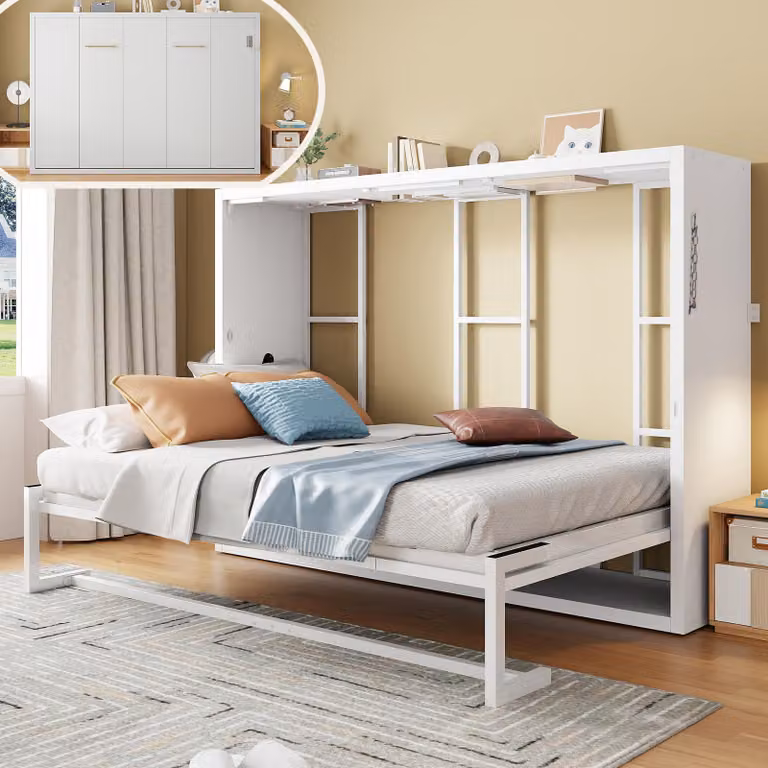 Letto a scomparsa a parete Flieks, dimensioni 140x200 cm, con struttura in metallo e piano in legno. Letto matrimoniale a scomparsa con sistema di fissaggio a parete bloccabile. Letto per ragazzi, colore bianco