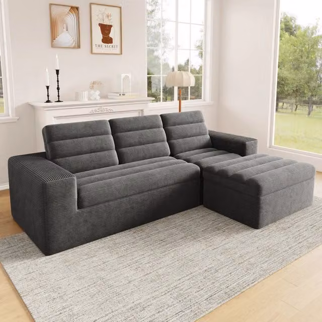 Divano angolare modulare a L WISHDOR in tessuto corduroy grigio scuro, design moderno senza telaio, L/P/H: 253 x 161 x 89 cm