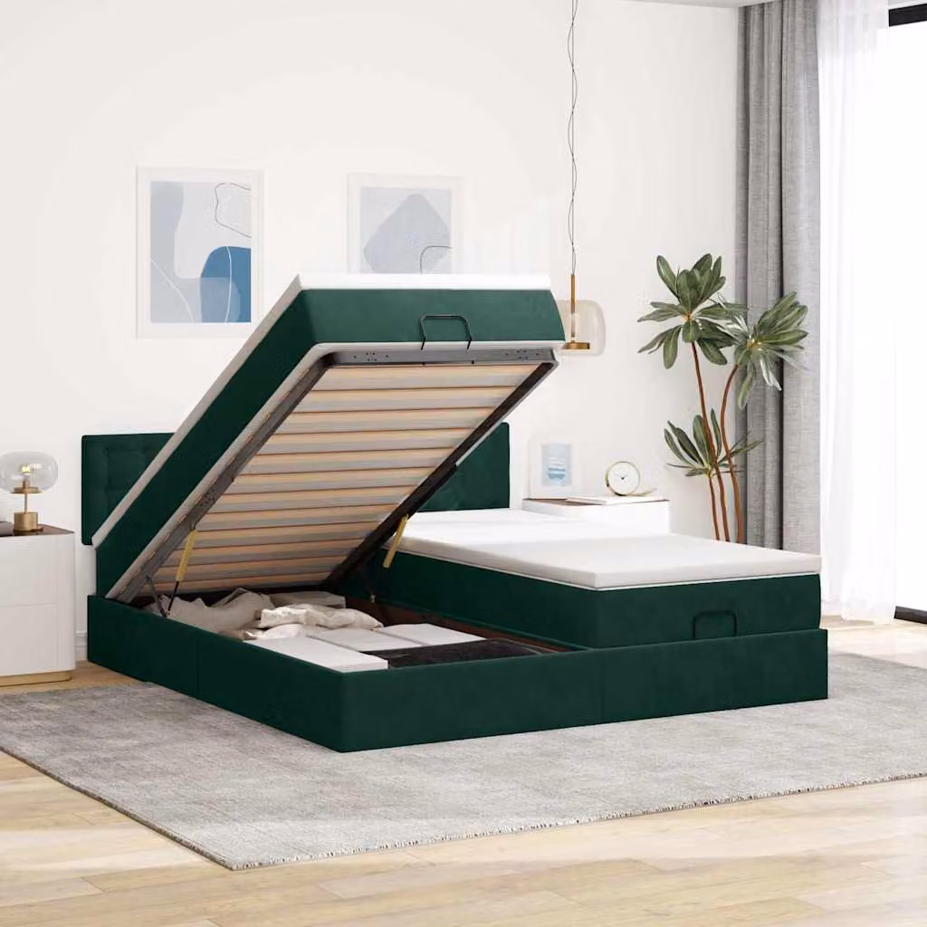 Letto con contenitore a sollevamento vidaXL in velluto verde e bianco con materasso, L/P/H: 160 x 200 x 88 cm – 1
