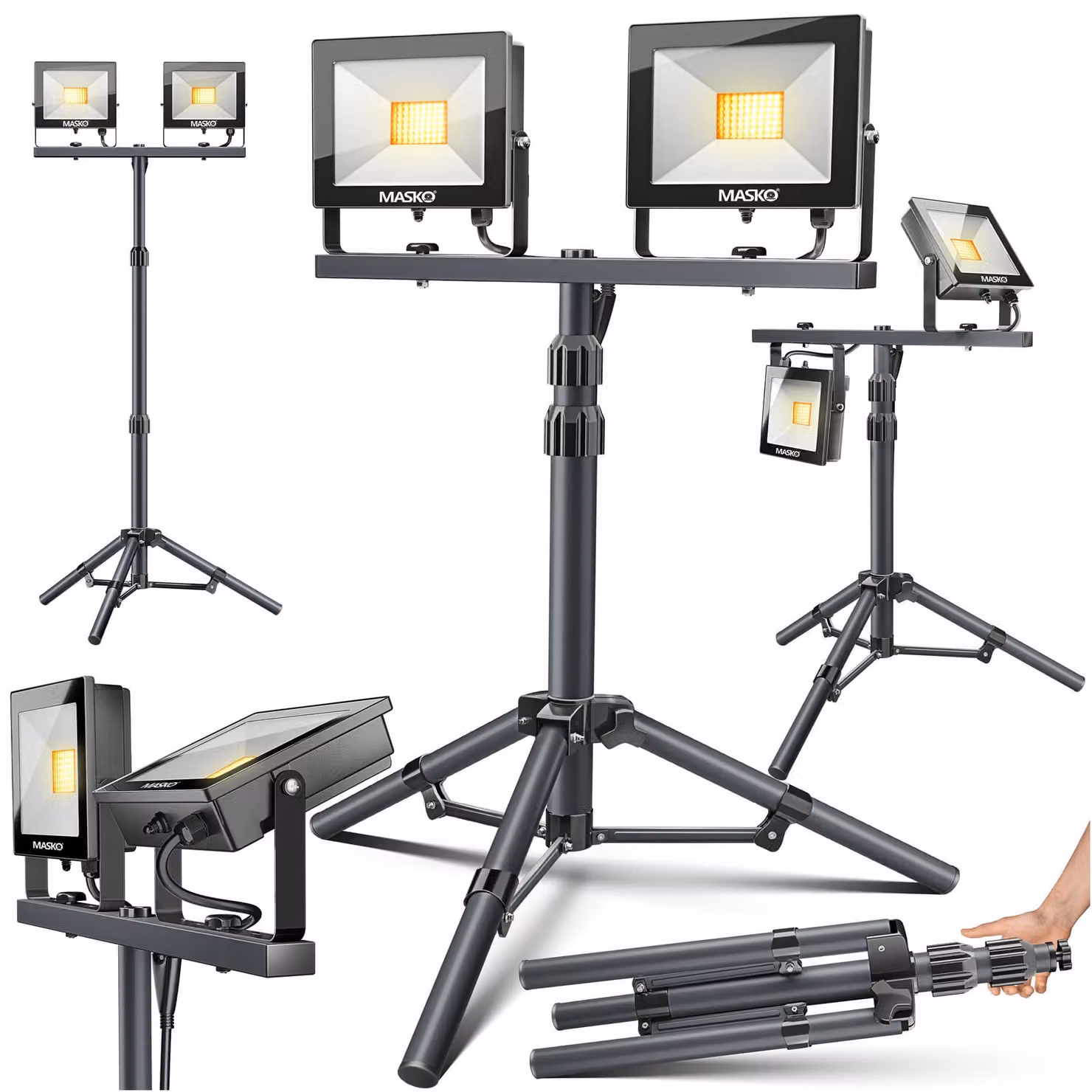 MASKO® Faretto da cantiere a LED con telecomando a treppiede 100W doppio 2x 50W faretto 6500K luce da lavoro luce da lavoro 5m faretto da cantiere lampada da interno esterno altezza regolabile fino a max. 202cm