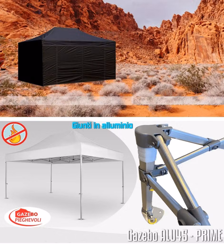 Gazebo pieghevole GAZEBOPIEGHEVOLI in alluminio e PVC bianco con laterali, certificato ignifugo, L: 4,5 m x P: 3 m – 2