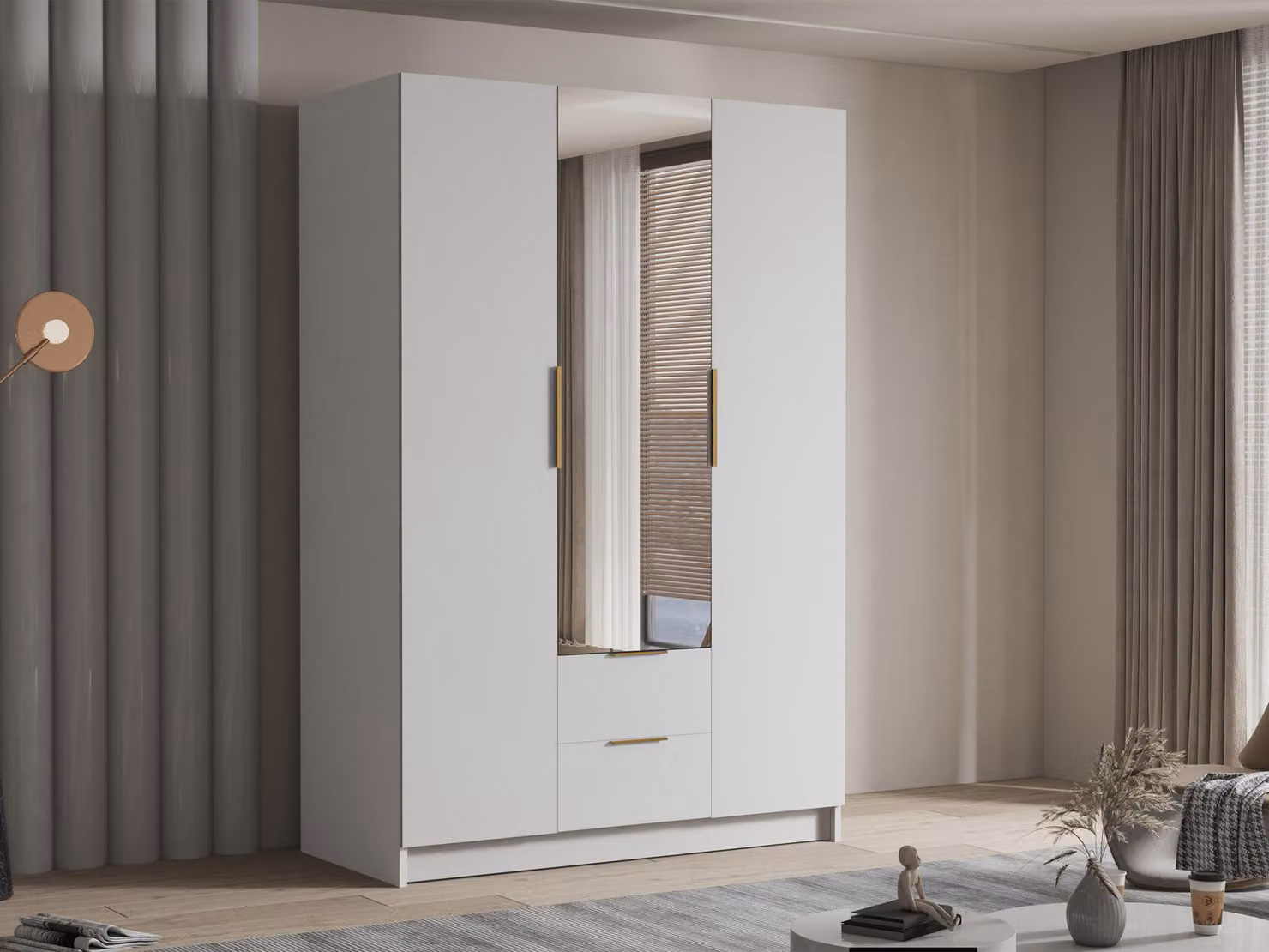 MIRJAN24 Armadio Calwi II 150, camera da letto, con specchio, armadio a battente, con asta appendiabiti, moderno, armadio, maniglie in metallo (colore: bianco + oro)