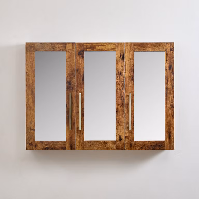 Mobiletto a Specchio da 600mm x 650mm en Rovere Scuro - Completo di Maniglie Moderne a Barra in Ottone Spazzolato - Cluo