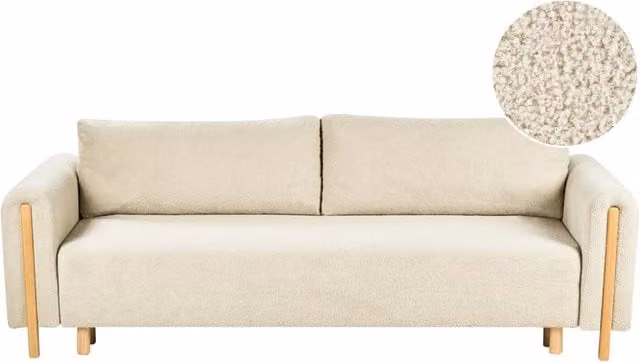 Divano letto Beliani in tessuto bouclé bianco con meccanismo click-clack e contenitore, stile minimalista per soggiorno o camera da letto