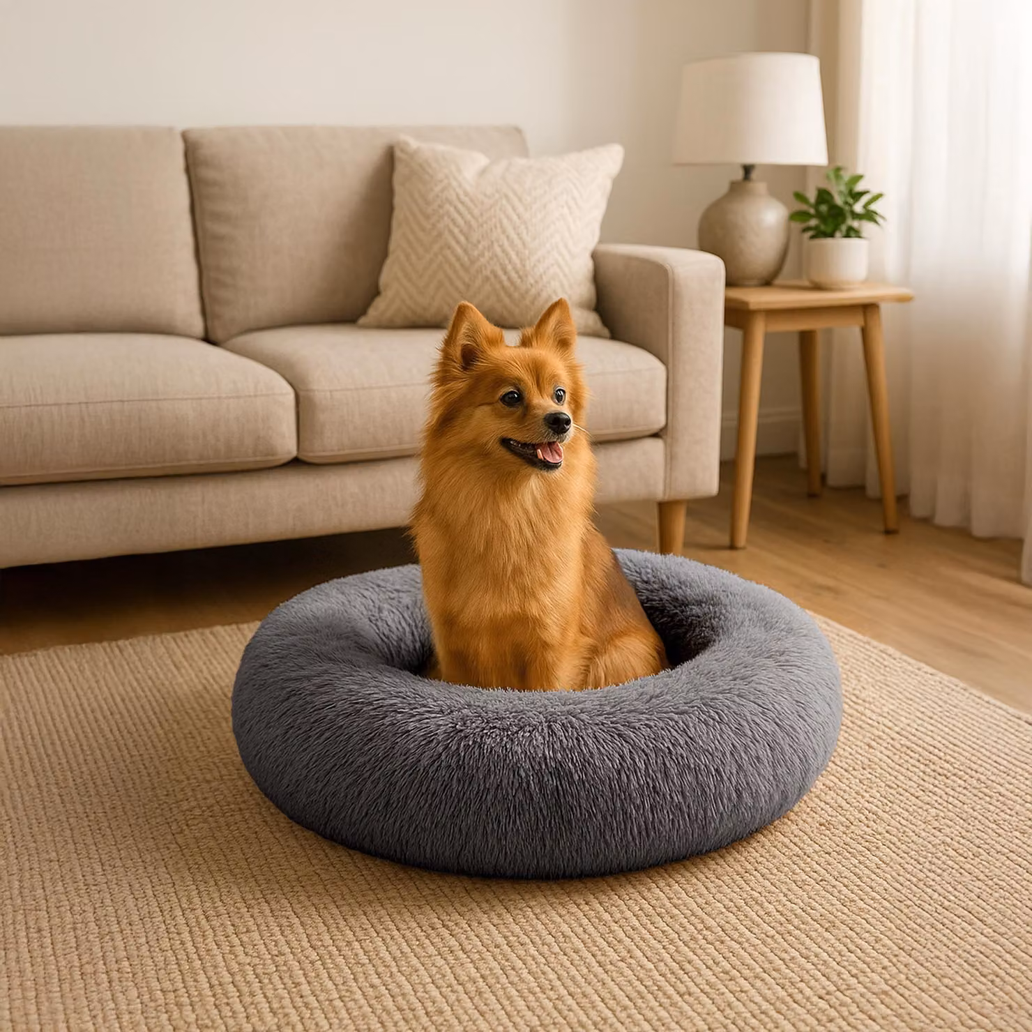 belviona donut dog bed, accogliente letto in peluche con morbida imbottitura, presa sicura e bordo ergonomico, diametro 60 cm, antracite