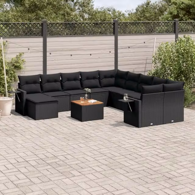 Set di divani da giardino VIDAXL in polyrattan nero con cuscini, 12 pezzi