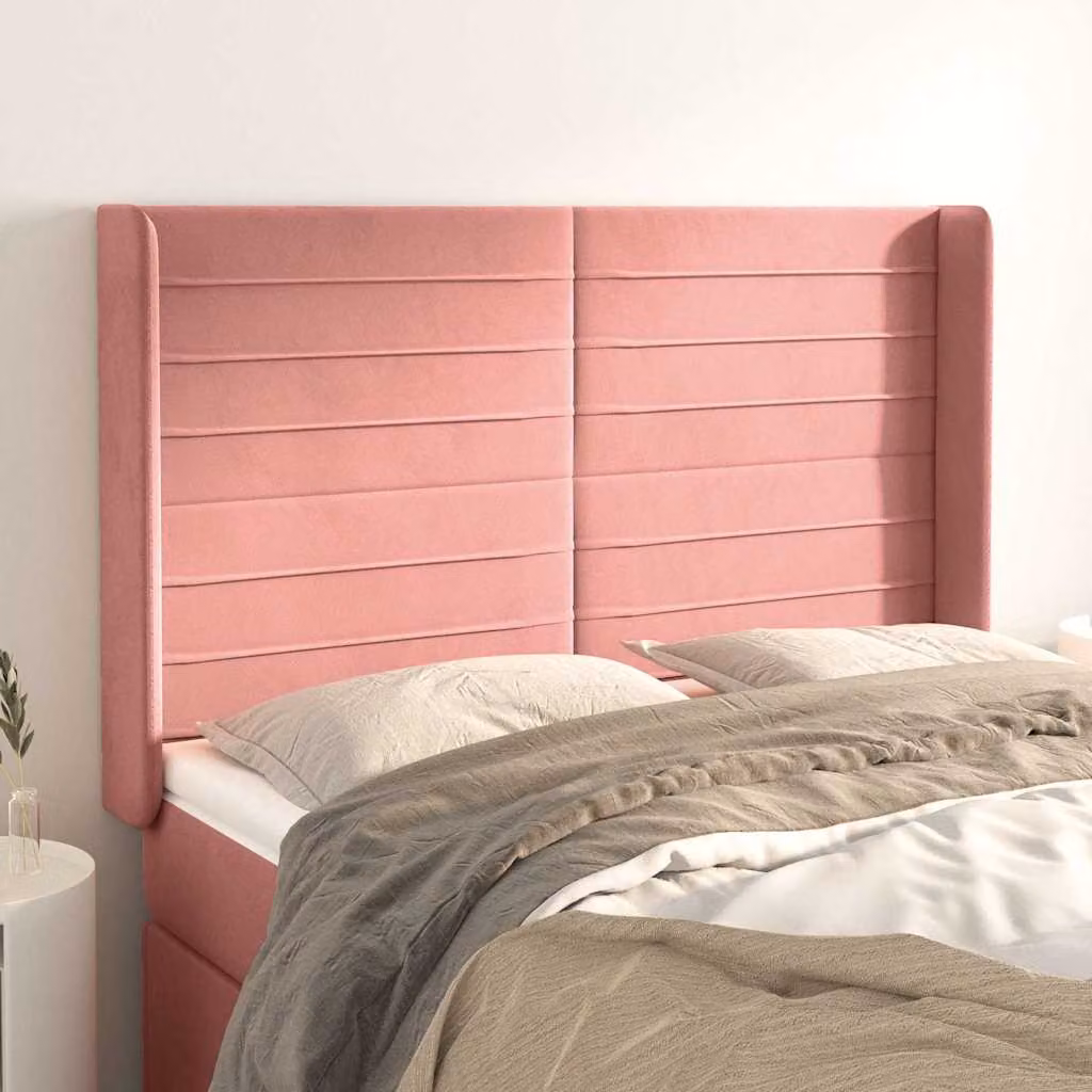 Testiera per letto vidaXL in velluto rosa con design ad orecchio, L: 147 cm, P: 16 cm, H: 118-128 cm