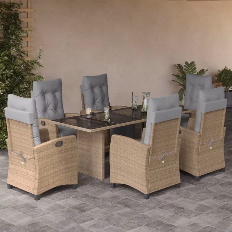 Set Pranzo da Giardino vidaXL in Polyrattan con Cuscini Beige e Grigio, 7 Pezzi