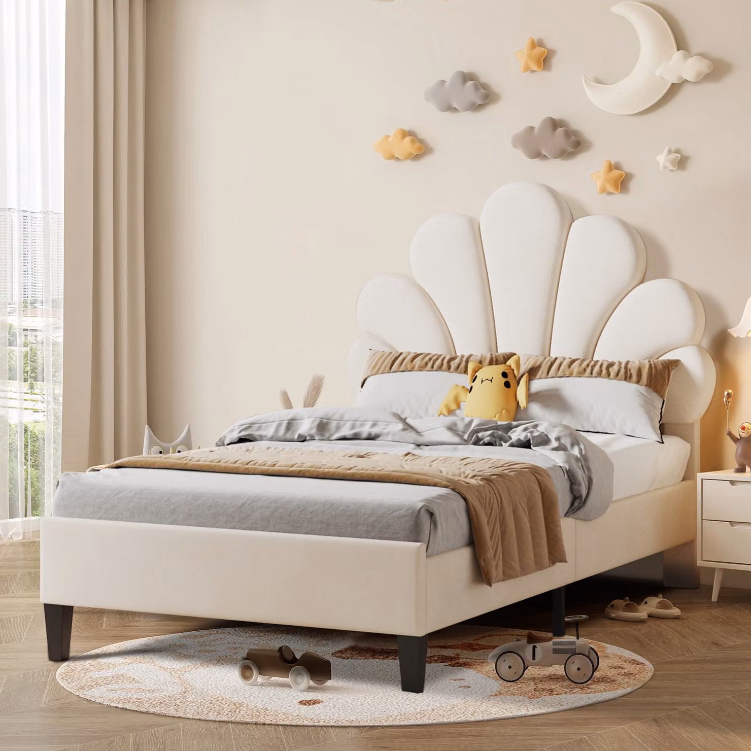 Letto singolo imbottito Fortuna-Lai 90 x 200 cm - con testata a forma di fiore, rete a doghe, velluto - per adulti e bambini - Beige