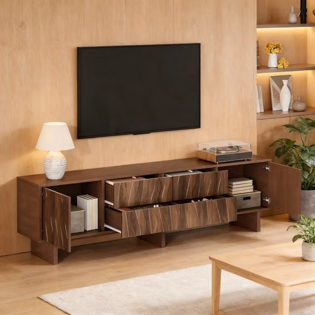 Mobile TV con 4 cassetti e 2 ante, design ondulato, per soggiorno, in truciolare, noce scuro, 180 × 40 × 56 cm