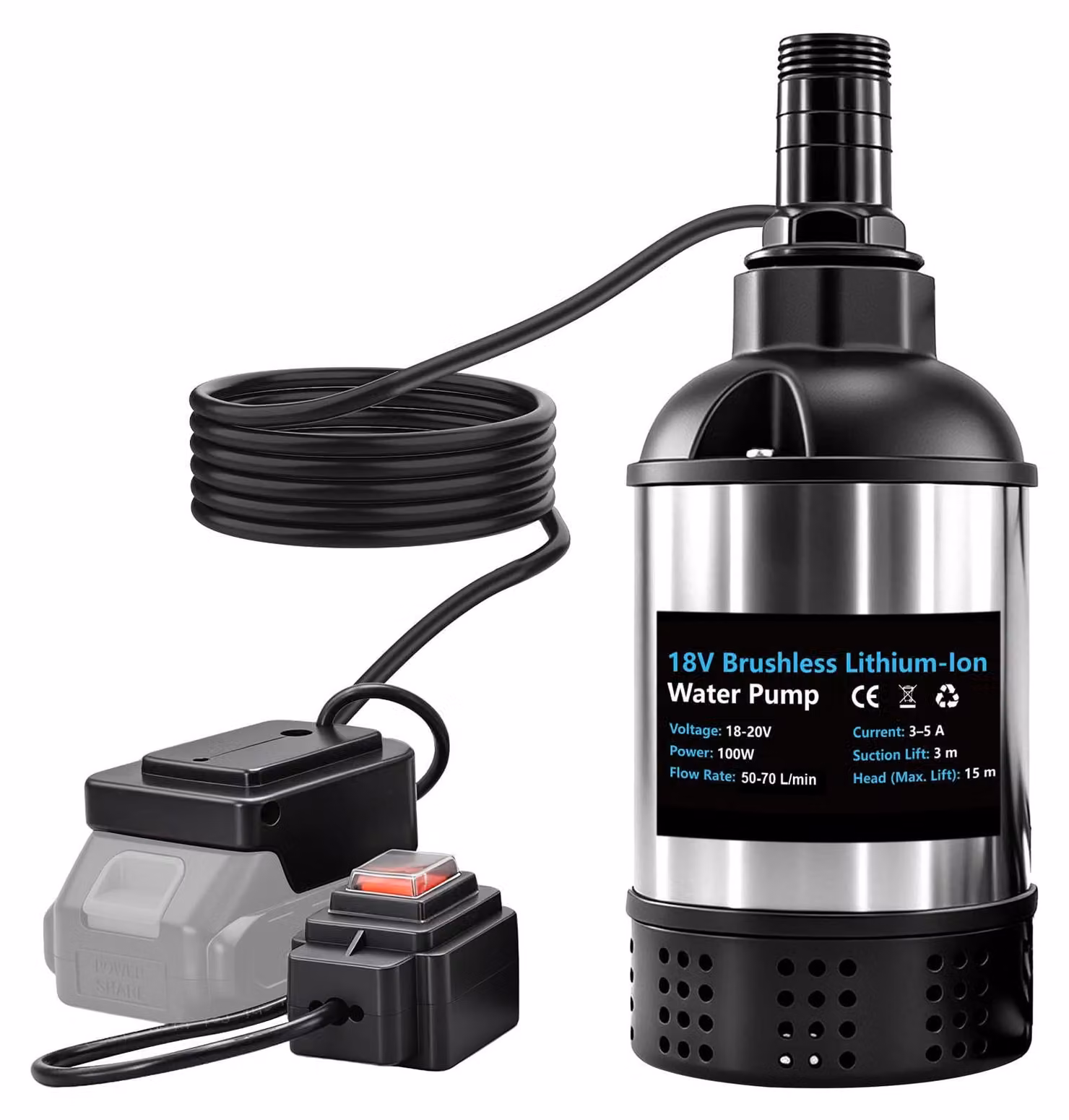 Pompa per acqua, 18V, 50-70 litri/minuto, altezza di sollevamento 15 metri, senza spazzole