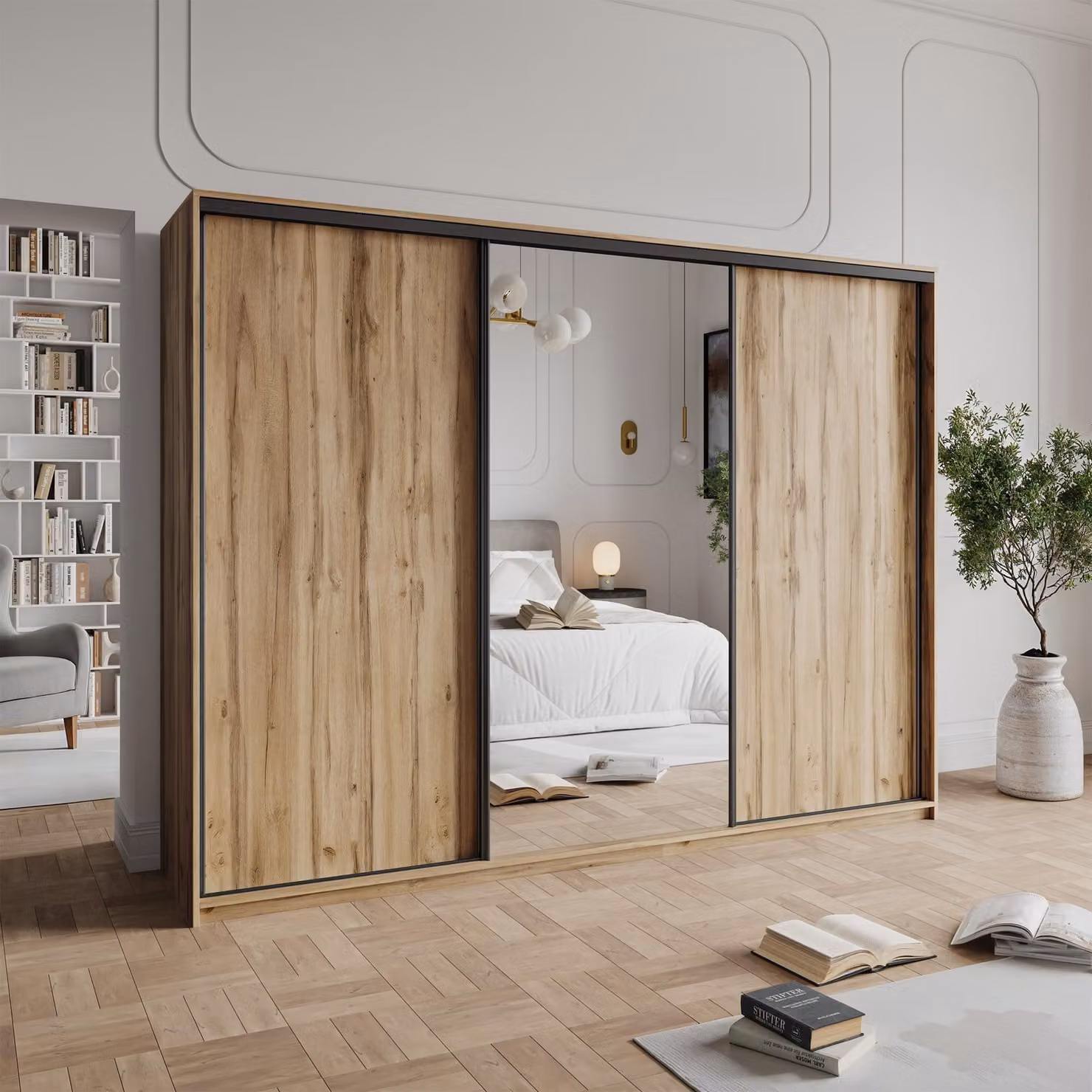 Armadio scorrevole Masseno TAVI 250/205/60 cm Armadio con 4 cassetti Armadio per camera da letto a 3 ante con specchio Rovere Wotan