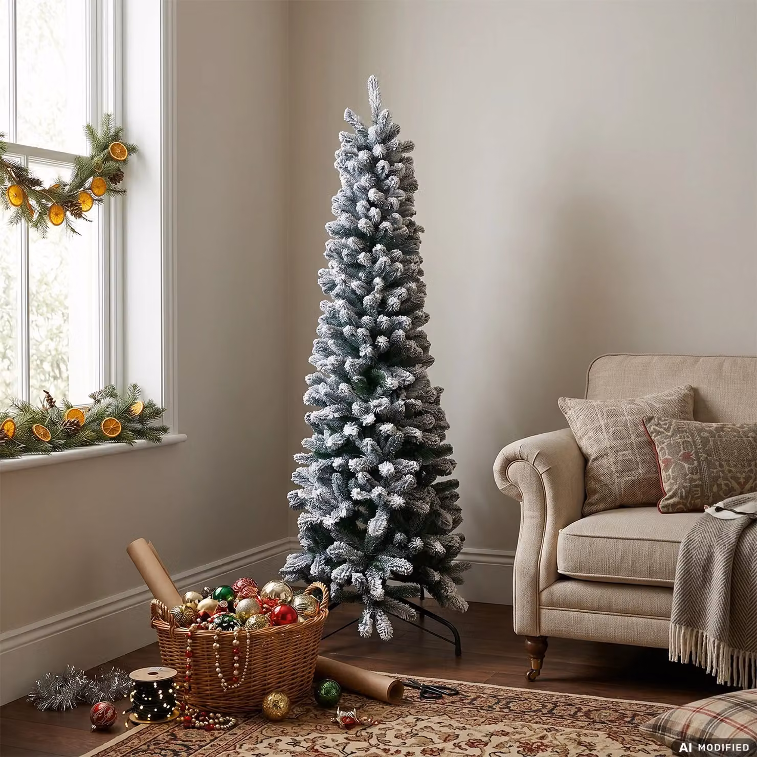 Albero di Natale Artificiale Slim Aspen Innevato VESTIAMO CASA, Colore Bianco e Verde, H: 180 cm, Diametro alla base: 66 cm – 2