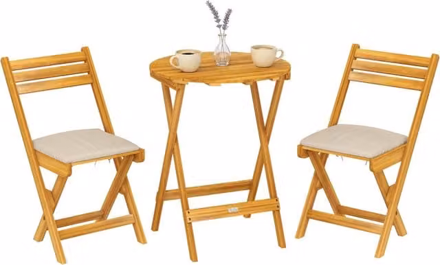 Set bistrot da giardino XYLO composto da tavolo rotondo pieghevole e 2 sedie in legno di acacia naturale L/P/H: 60 x 60 x 75 cm
