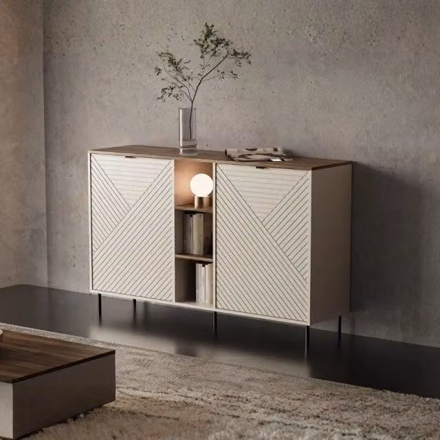 Credenza Mirage08 con 2 ante con motivo geometrico e ripiani a giorno colore cashmere e rovere