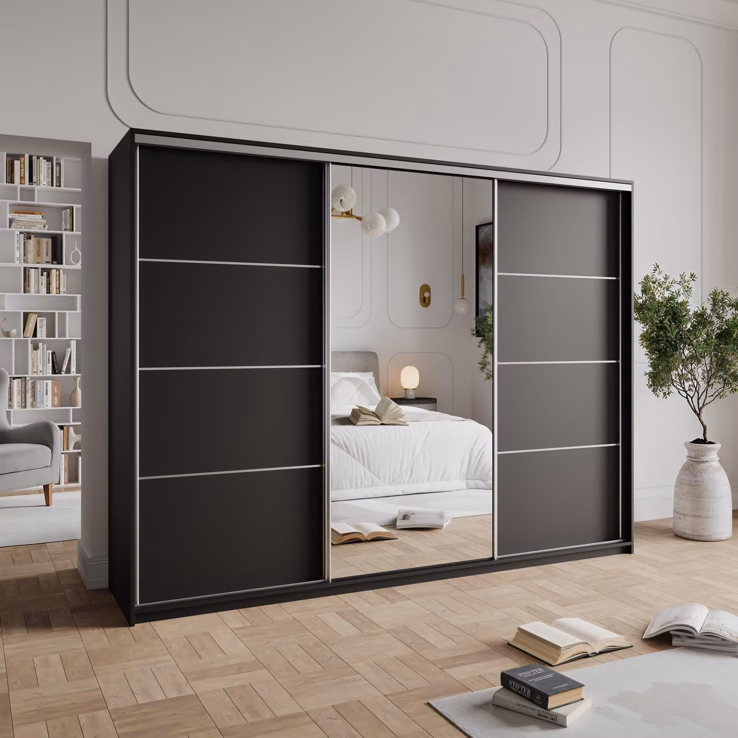 Armadio scorrevole Masseno VARO 250/205/60 cm Armadio con 4 cassetti Armadio per camera da letto a 3 ante con specchio Nero