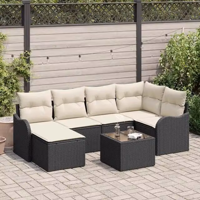 Set Divano da Giardino con cuscino 7 pcs Nero Poly Rattan 3345777