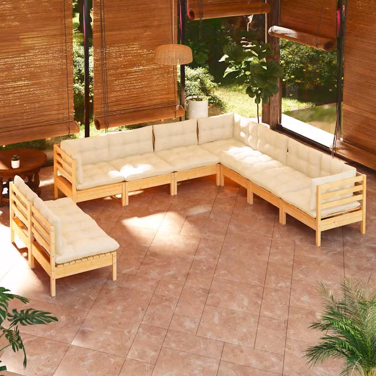 Set di divani da giardino vidaXL a forma di L in legno massello di pino con cuscini beige per 9 persone