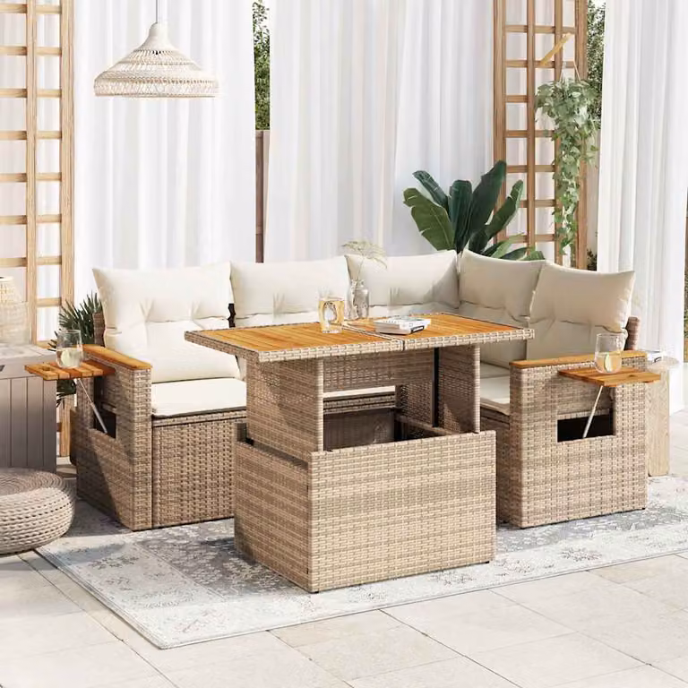 Set Divano da Giardino vidaXL 5 pz a Forma a L con Cuscini Beige in Polyrattan e Legno di Acacia