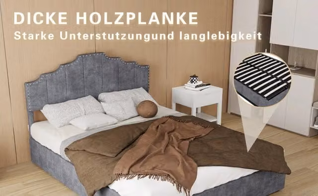 Letto imbottito moderno 140×200 cm in tessuto grigio con testiera geometrica e borchie, base alta contenitore con pistone pneumatico, senza materasso
