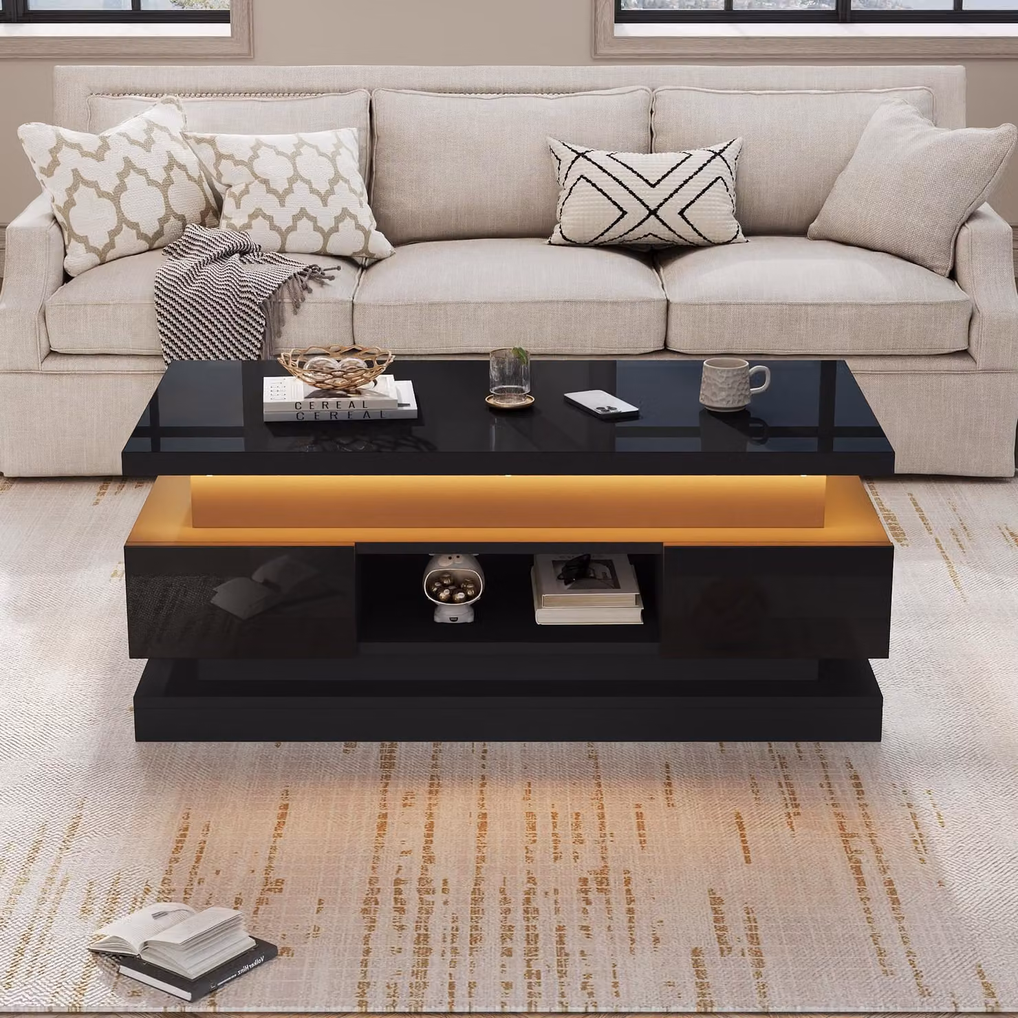 Tavolino da divano, dimensioni 100 x 50 x 40 cm, realizzato in pannello di particelle al 100%, colore nero, tavolino da divano con altezza regolabile, dotato di 2 cassetti e illuminazione LED