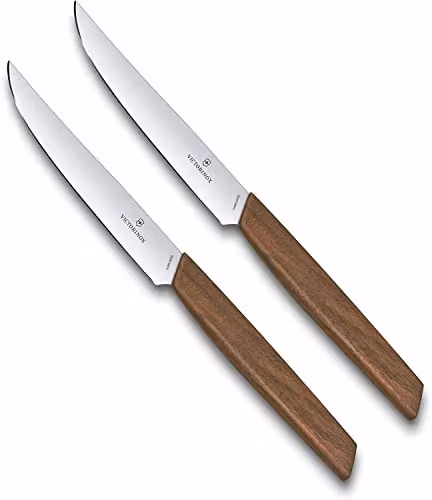 Victorinox Swiss Modern, set di coltelli professionali da bistecca, 2 pezzi, lama extra affilata, affilatura diritta, 12 cm, manico in legno, acciaio inossidabile, marrone
