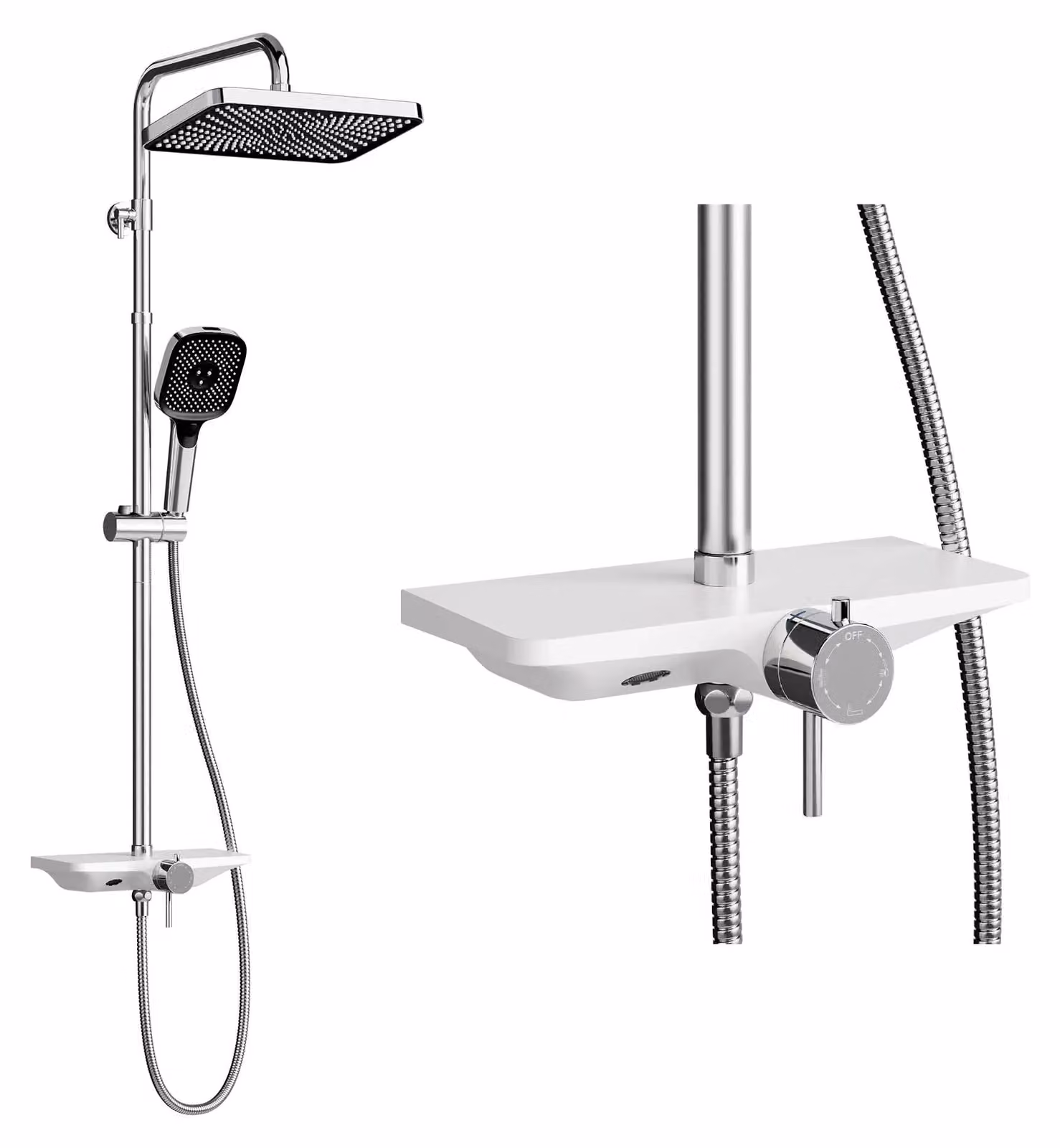 Sistema doccia, soffione a pioggia da 250 mm, doccetta multifunzione, cromata, quadrata, 30x19,5 cm