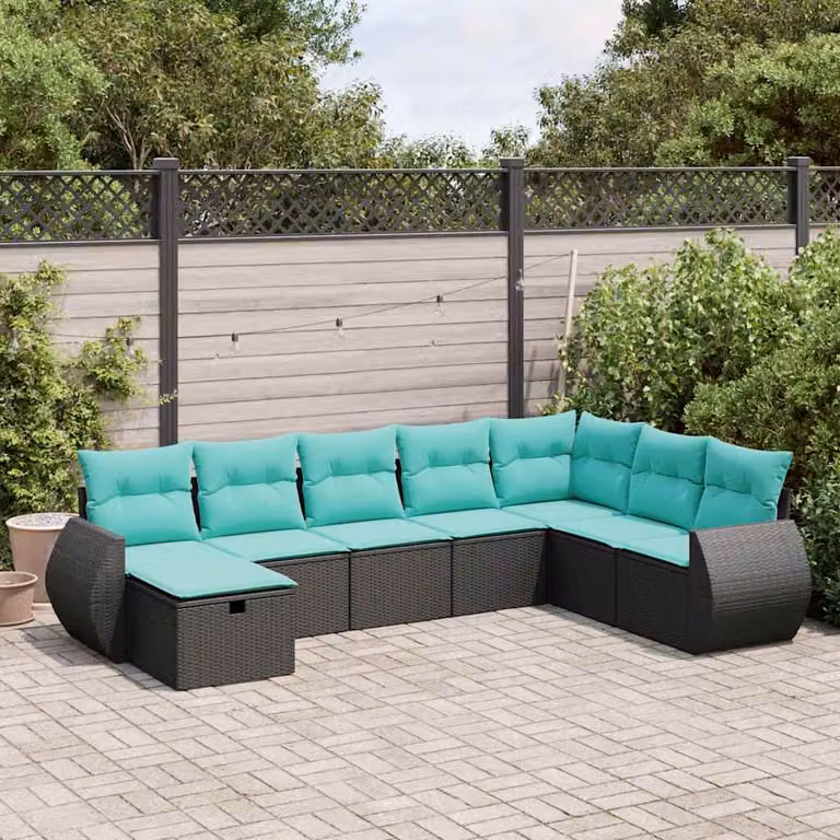 Set di divani da giardino vidaXL a forma di L con 8 pezzi, polyrattan nero e cuscini blu e turchese con coperture rimovibili