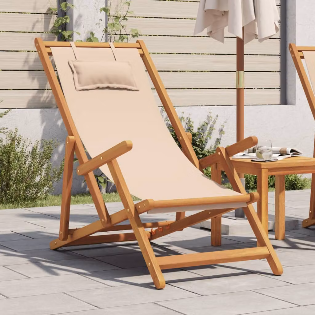 Sedia pieghevole da giardino vidaXL in legno di eucalipto e tessuto beige con cuscino impermeabile