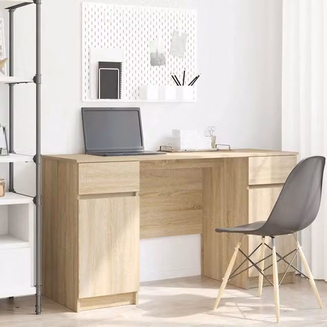 Scrivania moderna vidaXL in legno color rovere marrone L: 140 cm, P: 49 cm, H: 76 cm – 1
