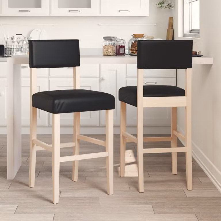 Set di 2 sedie da bar vidaXL in legno di Hevea massello e similpelle nera per cucina e soggiorno