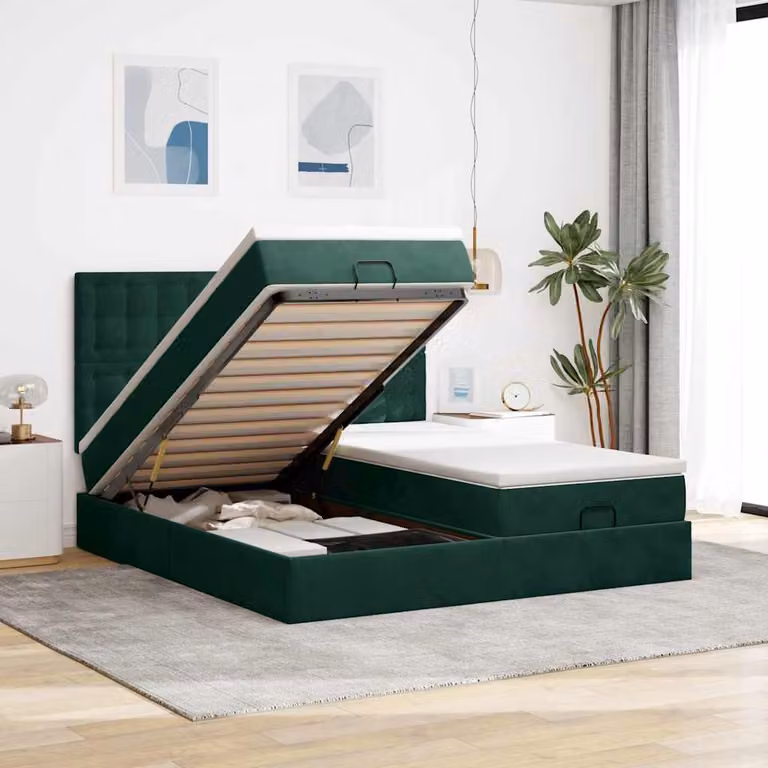 Letto con contenitore e materasso vidaXL in velluto verde e bianco, L/P/H: 203 x 160 x 128 cm