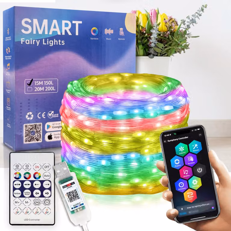 Catena luminosa RGB a LED, 15 metri, 150 LED, multicolore, controllo tramite app e telecomando, alimentazione USB