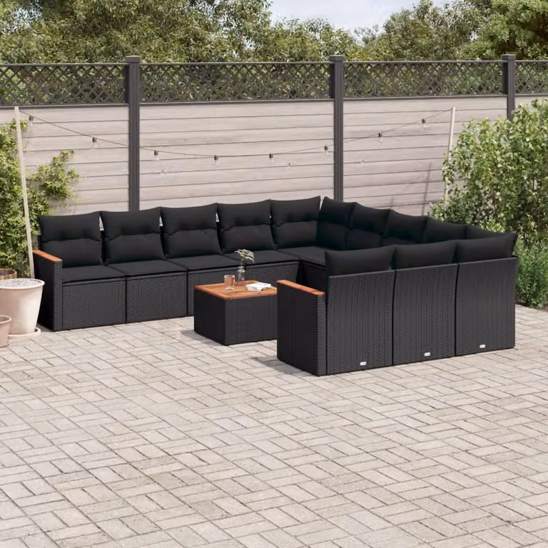 Set di divani da giardino vidaXL a forma di U composto da 12 pezzi con cuscini, colore nero, in polyrattan e legno di acacia con tavolino da caffè