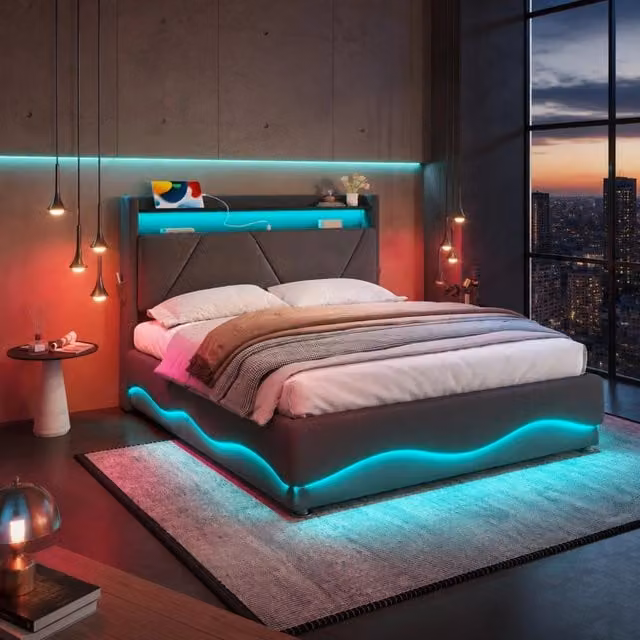 Letto matrimoniale imbottito 140 × 200 cm in velluto grigio scuro con LED rete a doghe e vano contenitore