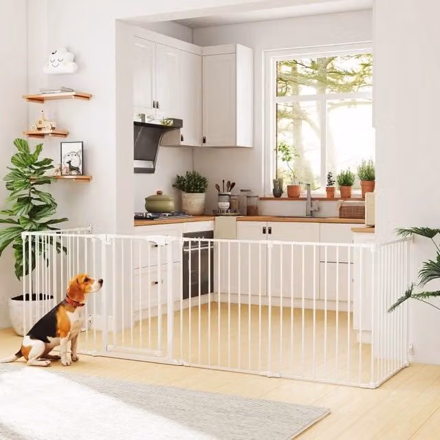 Recinzione per Animali Domestici Pieghevole a 6 Pannelli con Porta, in Plastica e Acciaio al Carbonio, Bianco, Altezza 75 cm