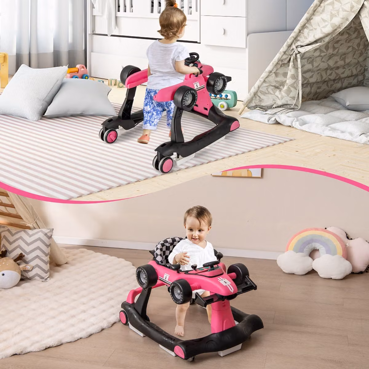 Costway Primi passi 4 in 1 per neonati con altezza e velocità regolabili, deambulatore a spinta con carillon e luci, Rosa scuro