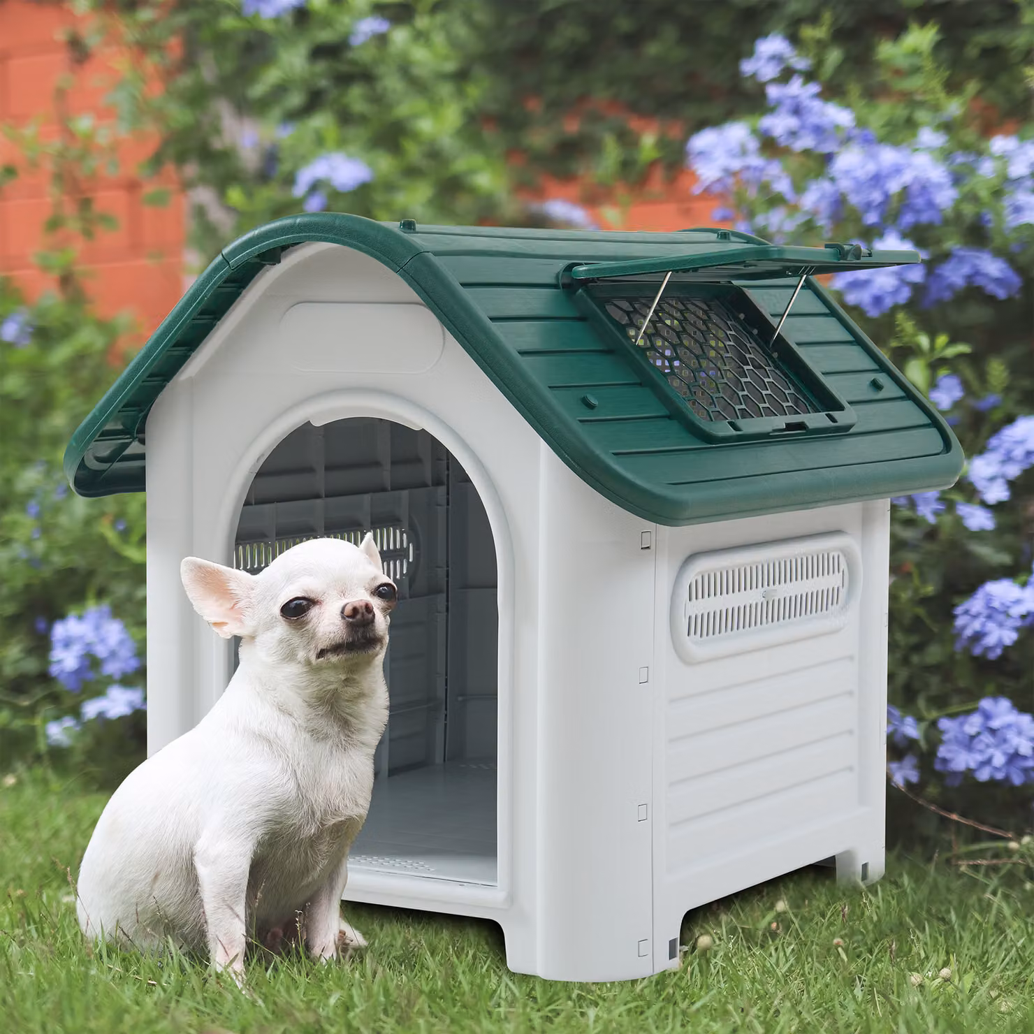 Cuccia per cani 'Bello' con botola sul tetto 87 x 72 x 75 cm in plastica bianca/verde