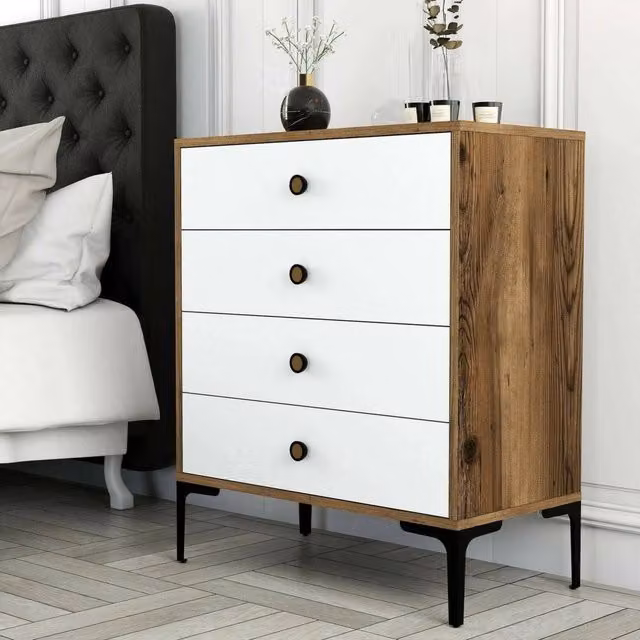 Cassettiera Molly DMORA per camera da letto e soggiorno, colore Noce e Bianco, L: 76 cm, H: 91 cm, P: 40 cm – 1