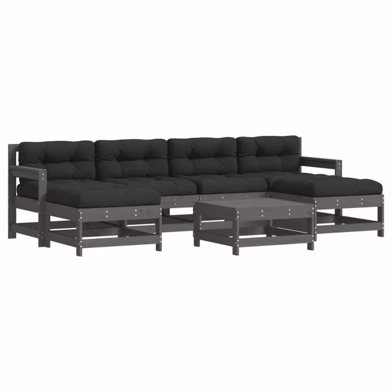 Set Divani da Giardino 7pz con Cuscini in Legno Massello Grigio
