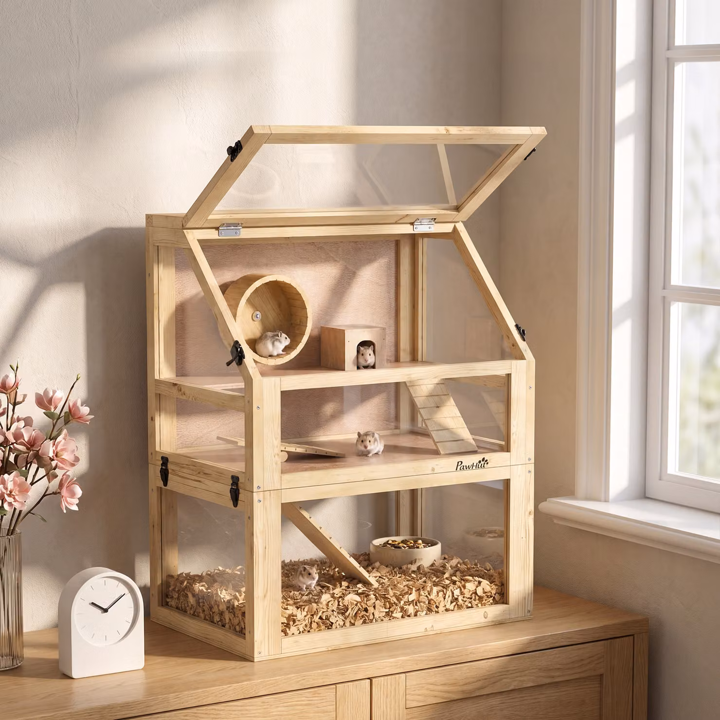 Gabbia per criceti PawHut a 3 livelli con fondo estraibile e casetta in legno naturale, L: 60 cm, P: 40 cm, H: 75 cm – 2