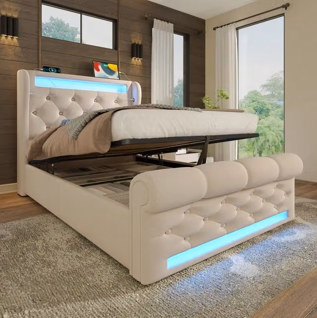 Letto contenitore ULEVR 90x200 cm in velluto beige con LED, USB e Type-C, materasso H3 incluso