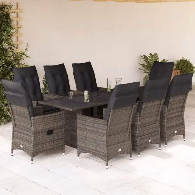Set da Pranzo da Giardino vidaXL in Polyrattan e Vetro con 9 Cuscini, Grigio e Marrone