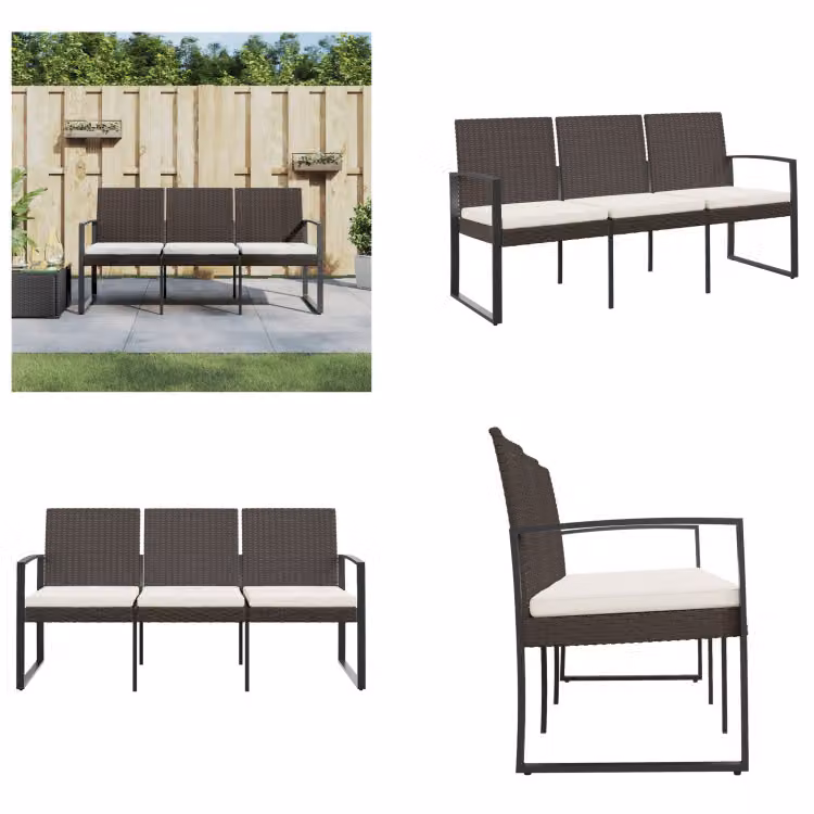 vidaXL Panca da giardino a 3 posti con cuscini in PP rattan marrone - Panca da giardino - Panca da giardino - Panchina - Panca da esterno
