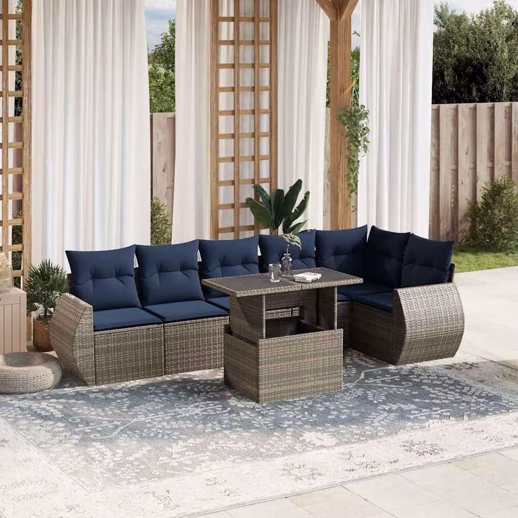 Set di divani da giardino vidaXL in polyrattan grigio con cuscini, tavolino e moduli ad angolo per esterno